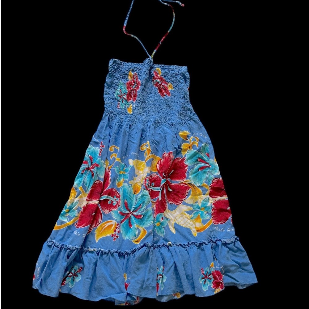 Y2K Boho Aloha Fashion Hawaiian Dress One Sz Blue Hibiscus Floral Smocked Halter